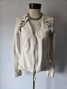 Pinko Cream Ruffle-Trim Ovine Leather Zip Jacket. Size 10